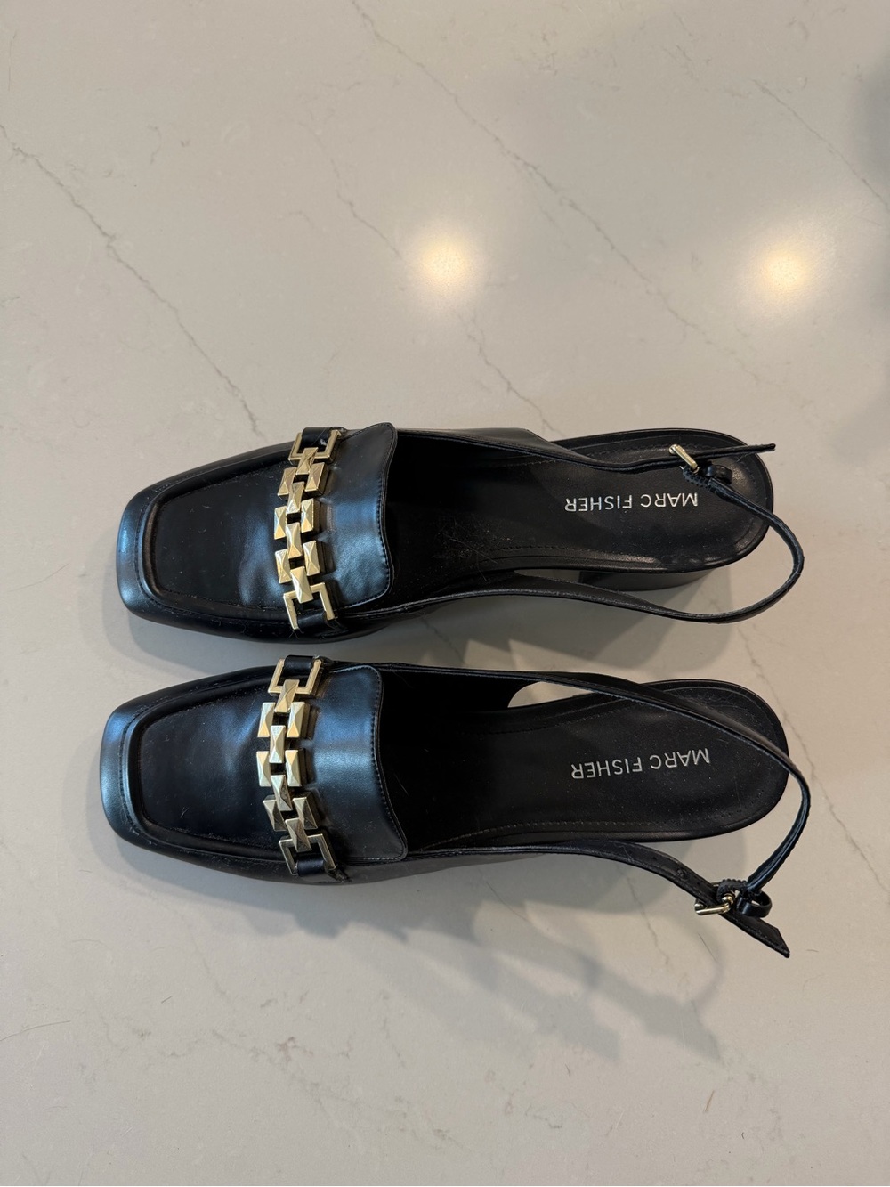 Marc Fisher Black Leather Slingback Mules with Gold Chain Accent
